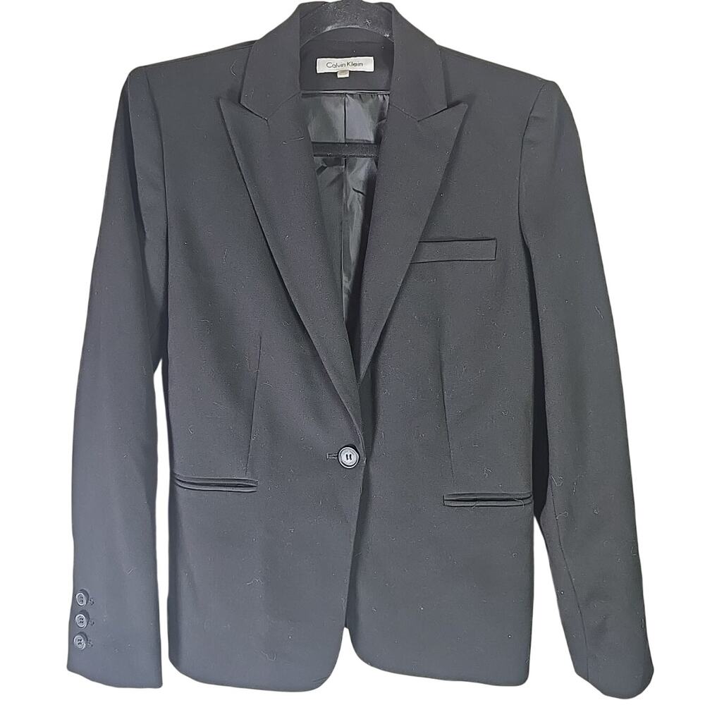 Calvin Klein Black Blazer Jacket Womens 4P Spiked Collar Hip Office Career Work